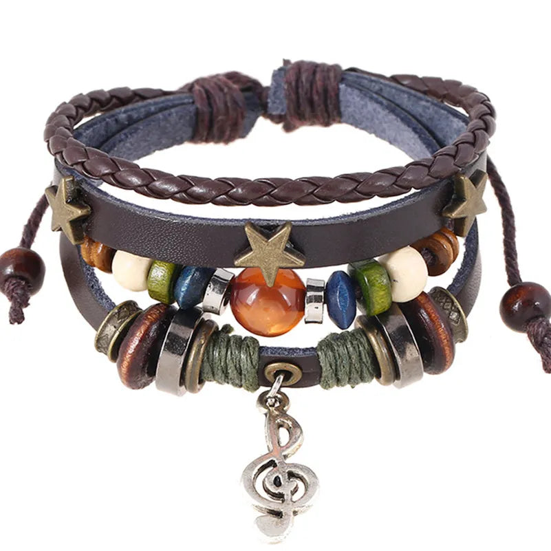 Handmade Boho Gypsy Hippie Design Brown Leather Star G Clef Note Metal Charms Wood Button Beads Wrap Unisex Adjustable Bracelet