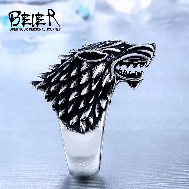 BEIER Punk Viking Cool vlekvrye staal 3D Winterfell Wolf Man Ring Kersfees Amulet Juweliersware BR8-075