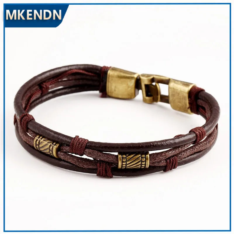 MKENDN Groothandel Vintage Mode Multi-Laag Echte Leer Man Armbande Maklike Haak Skakel Ketting Mans Vroue Juweliersware