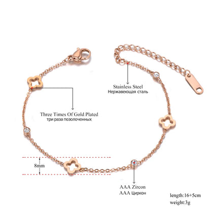 BOBOTUU Stainless Steel CZ Crystal Flower Plant Charm Bracelets For Women Girls Rose Gold Color Chain & Link Jewelry BB19114