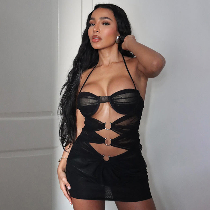 Woman  Digi Store  European And American Sexy Hot Girl Mesh See-through Ripped Halter Lace-up Slim Fit Sheath Dress