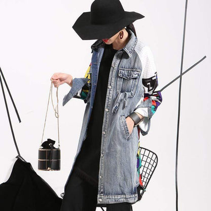 Vrou Digi Winkel Dames Denim Trench Coat Mode Beeld Teken Kreatief