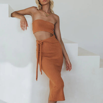 Vrou Digi Fashion Sexy Uitsny Ruglose Tube Top Gebreide Rok met kant-up