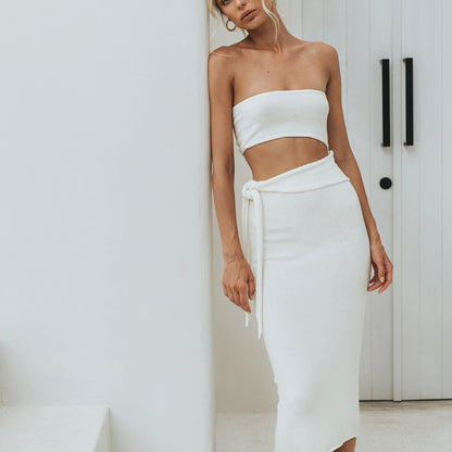 Vrou Digi Fashion Sexy Uitsny Ruglose Tube Top Gebreide Rok met kant-up