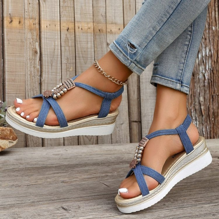 Woman  Shoe Store  Summer Open Toed Beaded Wedge Sandals