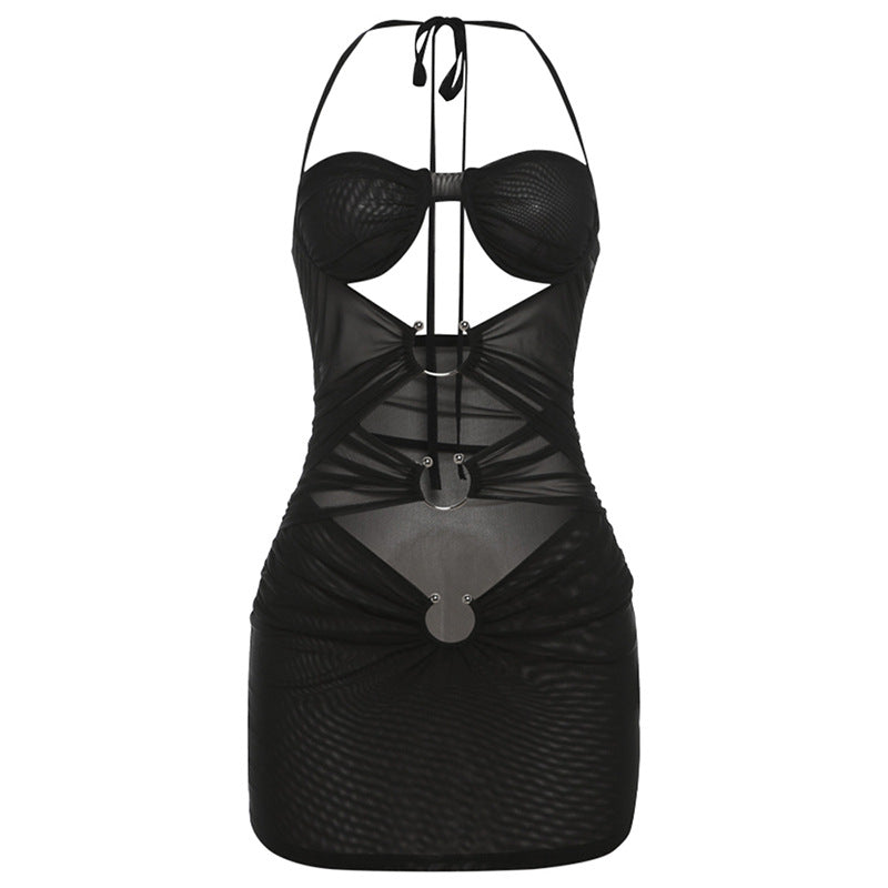 Vrou Digi Winkel Europese en Amerikaanse Sexy Hot Girl Mesh Deurskynende Geskeurde Halter Kant-up Slim Fit Skede rok