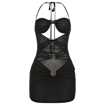 Woman  Digi Store  European And American Sexy Hot Girl Mesh See-through Ripped Halter Lace-up Slim Fit Sheath Dress