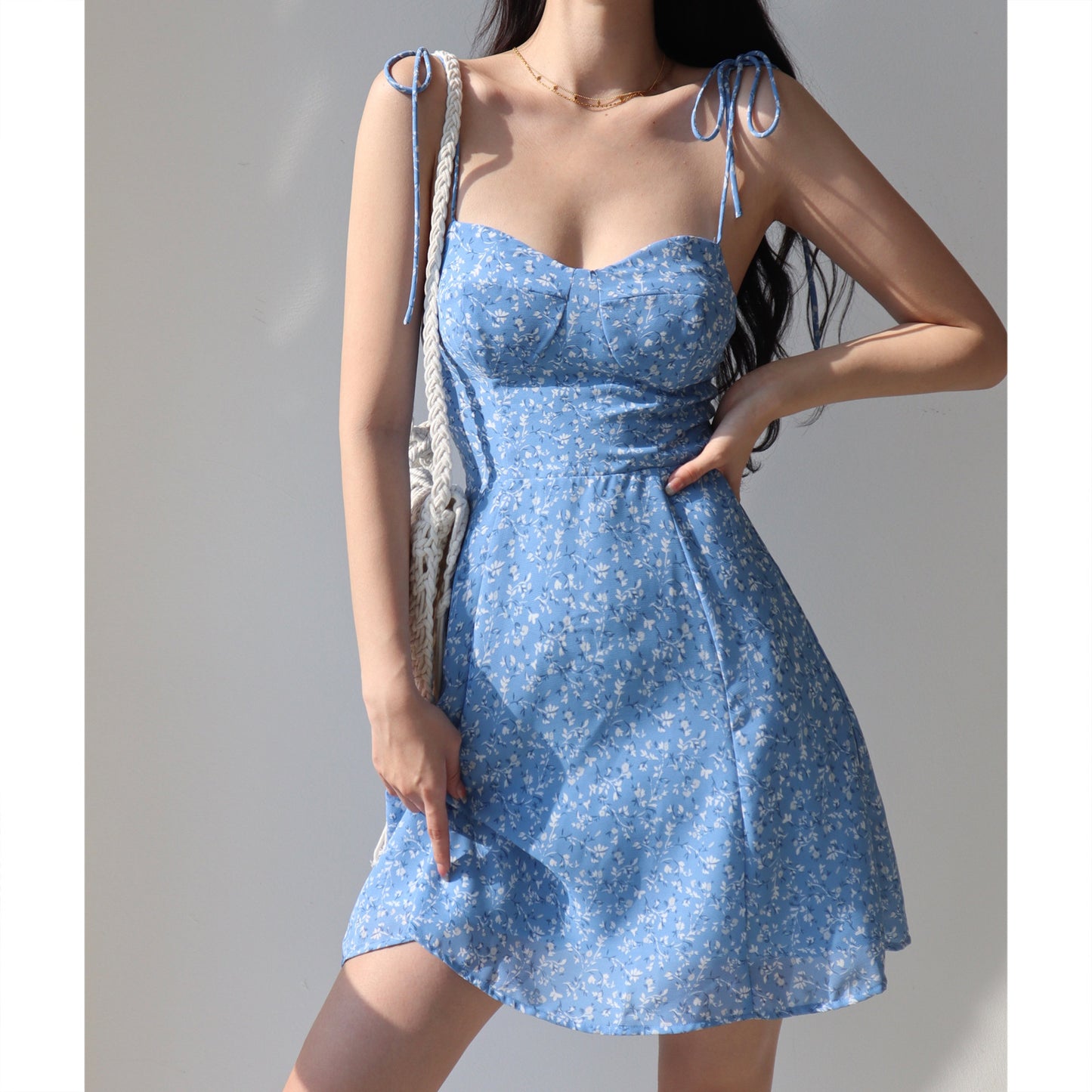 metadigitalstore.com  Retro Girl Blue Laced Floral Strap Dress A- Line Vacation Style