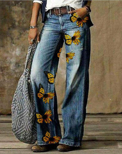 Meta Digital Store Women Jeans Fashion  Plus Size Women's Artistic Floral Pattern Pants