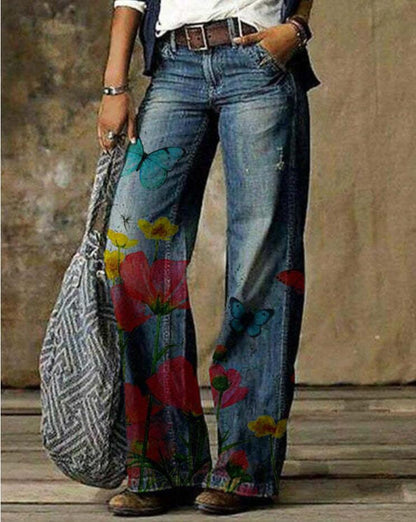 Meta Digital Store Women Jeans Fashion  Plus Size Women's Artistic Floral Pattern Pants