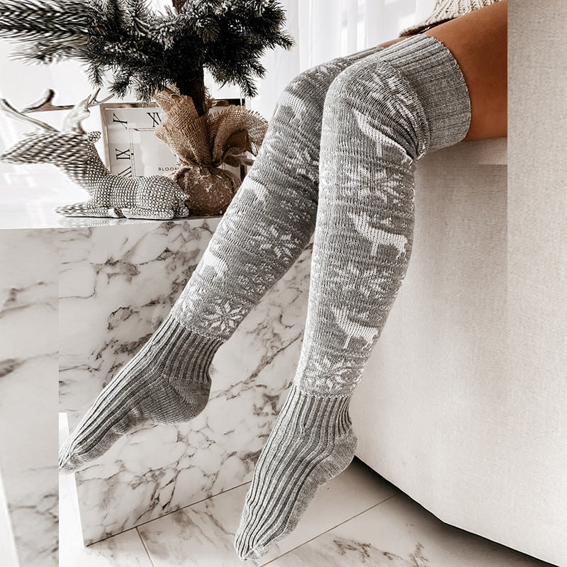 Meta  Store Winter  Christmas Warm Knitted Women Stocking Beautiful Elk Snowflake Jacquard Over-the-knee Casual Long Socks For Ladies Gifts Free Size