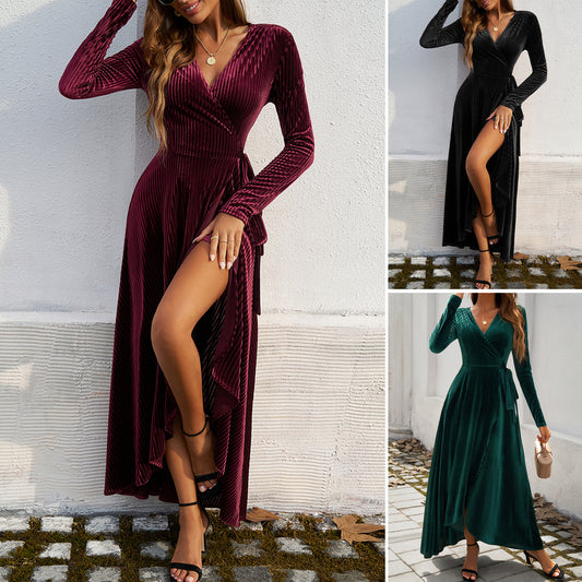 Woman  Digi Store  Autumn And Winter Elegant Pure Desire V-neck High Waist Slit Dress