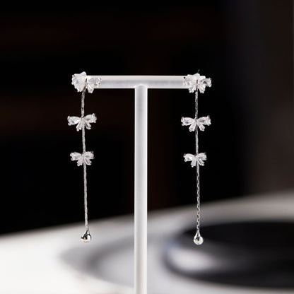 Bow Fringed Zircon Long Earrings