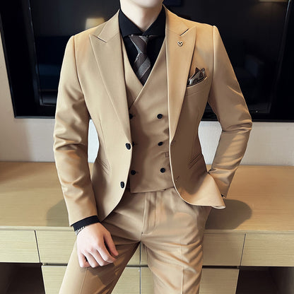 Meta  Digital Store  Suit Three-piece Suit Slim Korean Style Double Buckle Solid Color Light Business