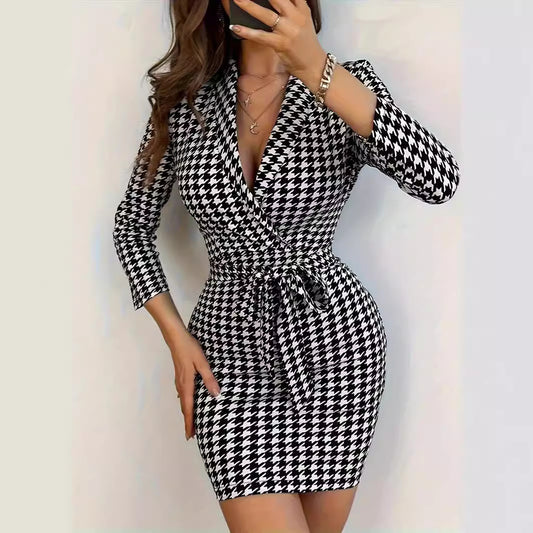 Woman  Fashion Store  Houndstooth Printed Dress Slim Sexy V-neck Skirt