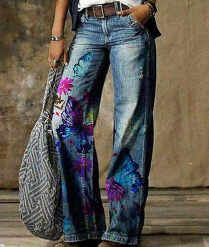 Meta Digital Store Women Jeans Fashion  Plus Size Women's Artistic Floral Pattern Pants