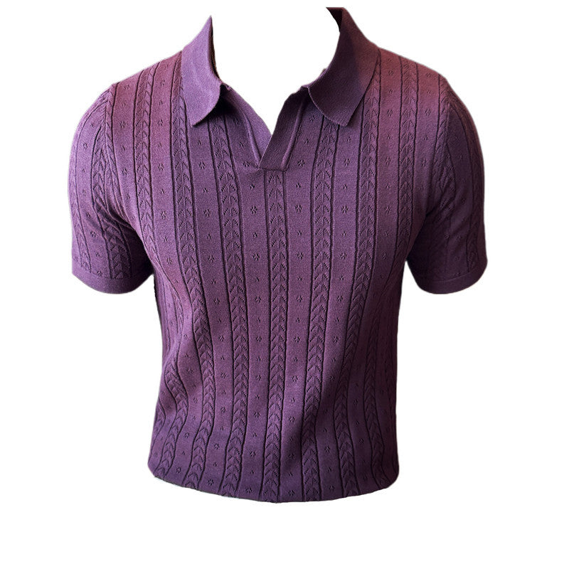 Striped Jacquard Knitted Short-sleeved T-shirt V-neck