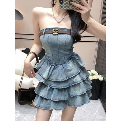 Woman  Digi Fashion  Women's Chest Wrap Denim High Waist Slimming Dress