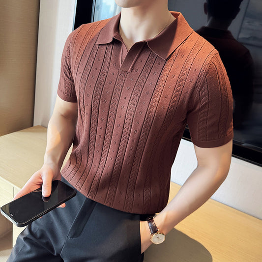 Striped Jacquard Knitted Short-sleeved T-shirt V-neck