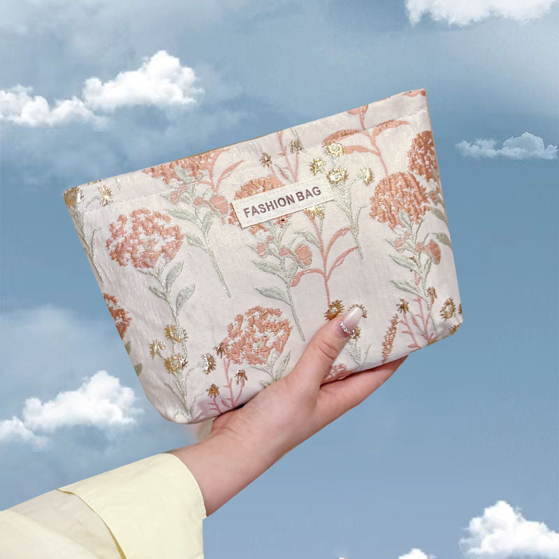 Meta Digital Store  Ins Cream Embroidery Flowers High Sense Cosmetic Bag Large Capacity Toner And Lotion Buggy Bag