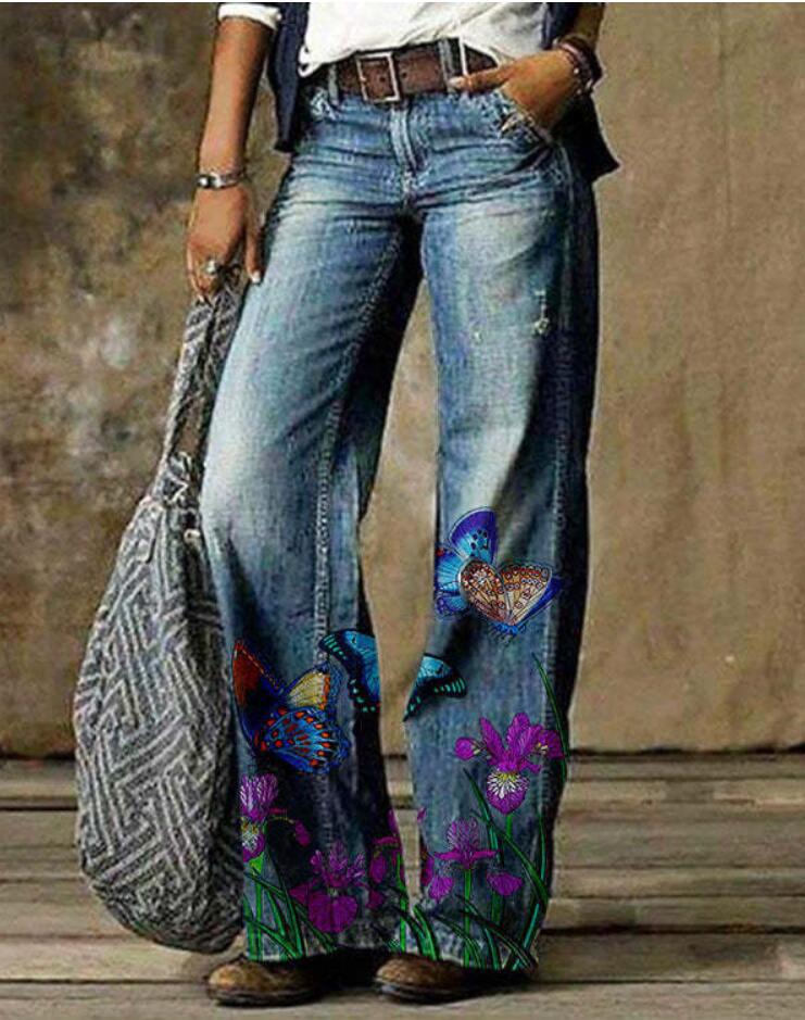 Meta Digital Store Women Jeans Fashion  Plus Size Women's Artistic Floral Pattern Pants