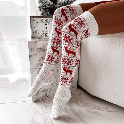 Meta  Store Winter  Christmas Warm Knitted Women Stocking Beautiful Elk Snowflake Jacquard Over-the-knee Casual Long Socks For Ladies Gifts Free Size