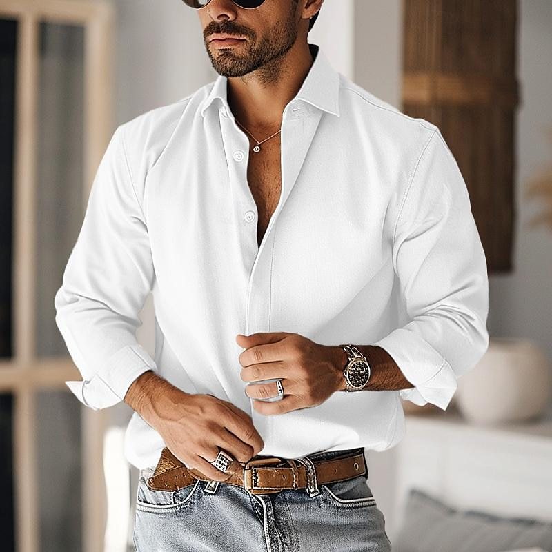 Meta Digital Store Men's Double Placket Long-sleeved Thickened Shirt Home Casual Drape Lapel