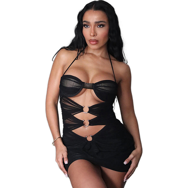 Woman  Digi Store  European And American Sexy Hot Girl Mesh See-through Ripped Halter Lace-up Slim Fit Sheath Dress