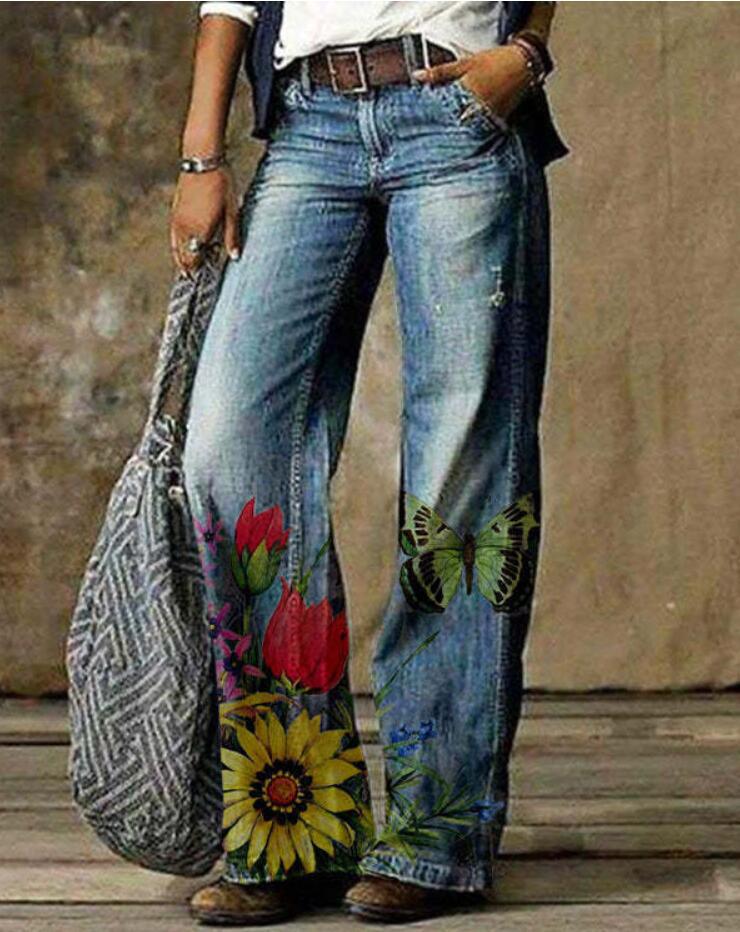 Meta Digital Store Women Jeans Fashion  Plus Size Women's Artistic Floral Pattern Pants