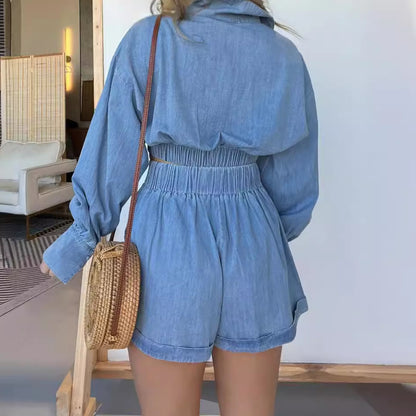 metadigistore.com  Fashion Women's Wear Denim Shirt Deep V Long Sleeve Suit