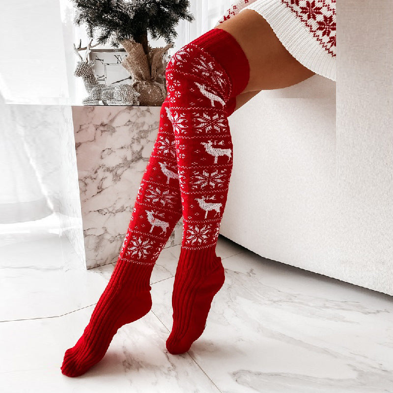 Meta  Store Winter  Christmas Warm Knitted Women Stocking Beautiful Elk Snowflake Jacquard Over-the-knee Casual Long Socks For Ladies Gifts Free Size