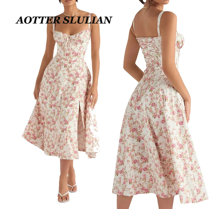 Summer Women Elegant Floral Bustier Midriff Waist Shaper Dress With Pouch Lady Breathable Slim High Split Evening Party Sundress