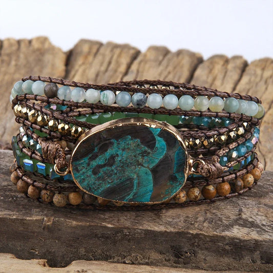 Fashion Bohemian Beaded Jewelry Handmade Mixed Natural Stone Crystal and Blue Stone Charm 5 Strands Wrap Bracelets