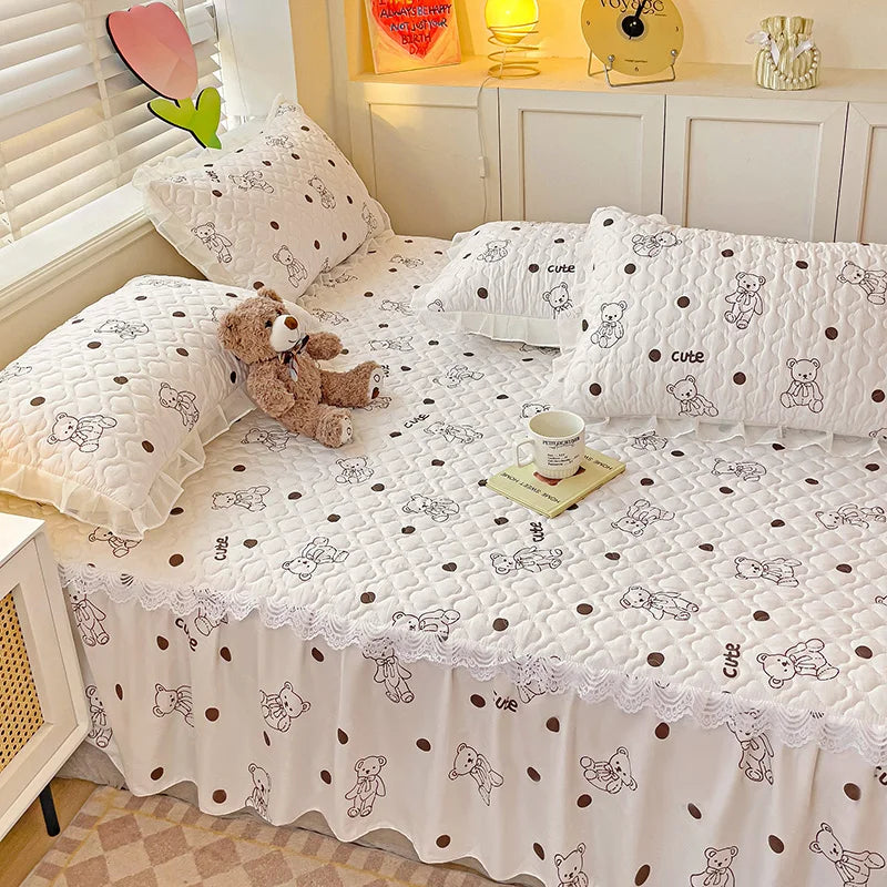 Bonenjoy Bed Skirt Cartoon Style Bed Cover Ruffled Bedsheet falda de cama Quilted Mattress Covers Lace Bedspread (No Pillowcase)