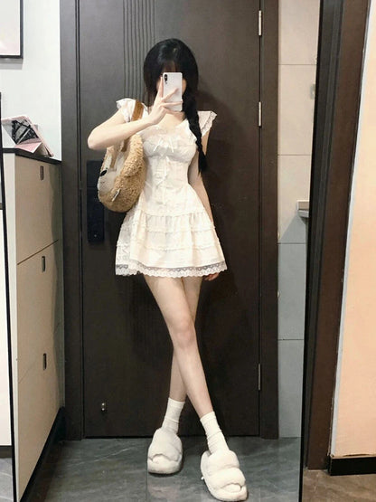 QWEEK Y2k Coquette White Lolita Sweet White Kwaii Cute Mini Dress Women Lace Bow Princess Slip Lace Short Dresses 2024 Fashion