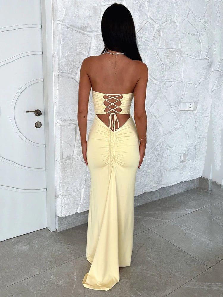 Mozision Strapless Ruglose Lace-up Maxi Rok Vir Vroue Somer Nuwe Off-Soulder Mouwlose Bodycon Club Party Lang Rok 