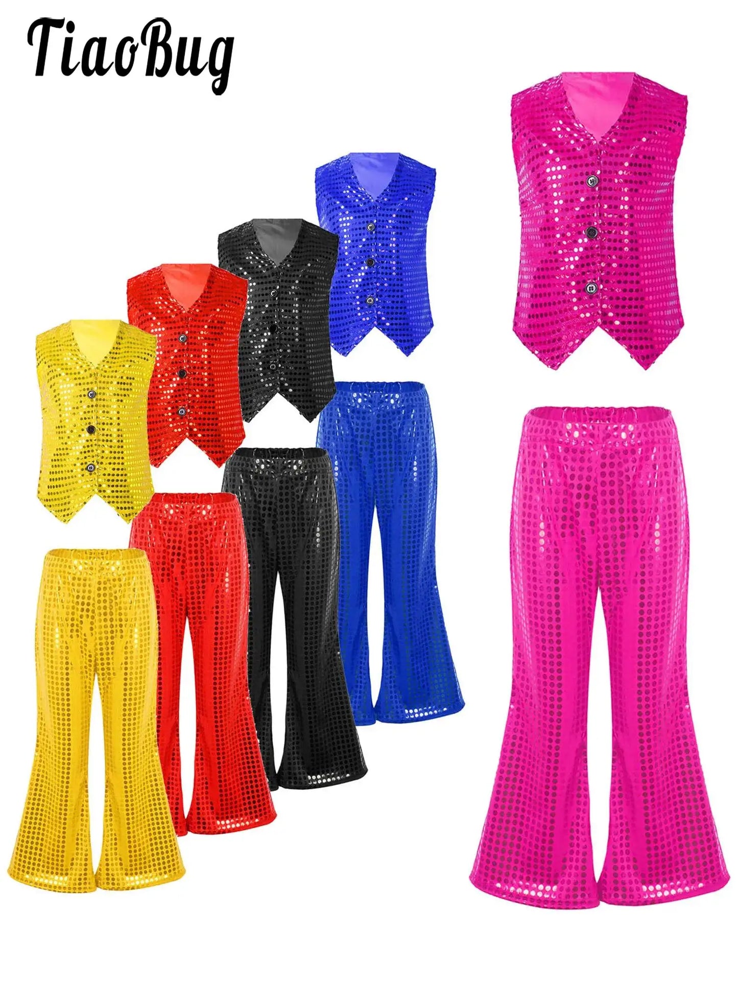 Kids Boys Girls Jazz Latin Chacha Dance Disco Stage Performance Outfit Teens Dance Set Sequined Vest Waistcoat with Flared Pants