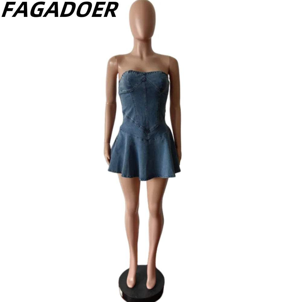 FAGADOER Y2K Straat Soet Plooi Denim Tube Mini Rok Vroue Hoë Kwaliteit Elastiese Mouwlose Ruglose Vestidos Mode Straatdrag 