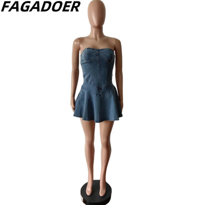 FAGADOER Y2K Straat Soet Plooi Denim Tube Mini Rok Vroue Hoë Kwaliteit Elastiese Mouwlose Ruglose Vestidos Mode Straatdrag 