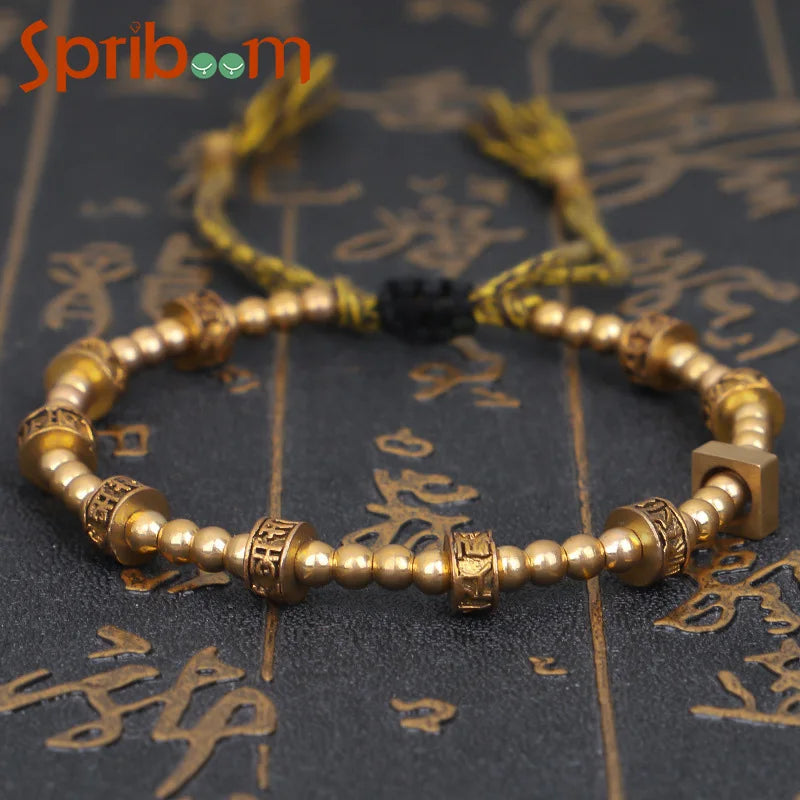 Tibetan Six Character Proverbs Bracelet Men Handmade Copper Bead Bracelets Women Woven Red Hand Rope Vintage Jewelry Mascot Gift