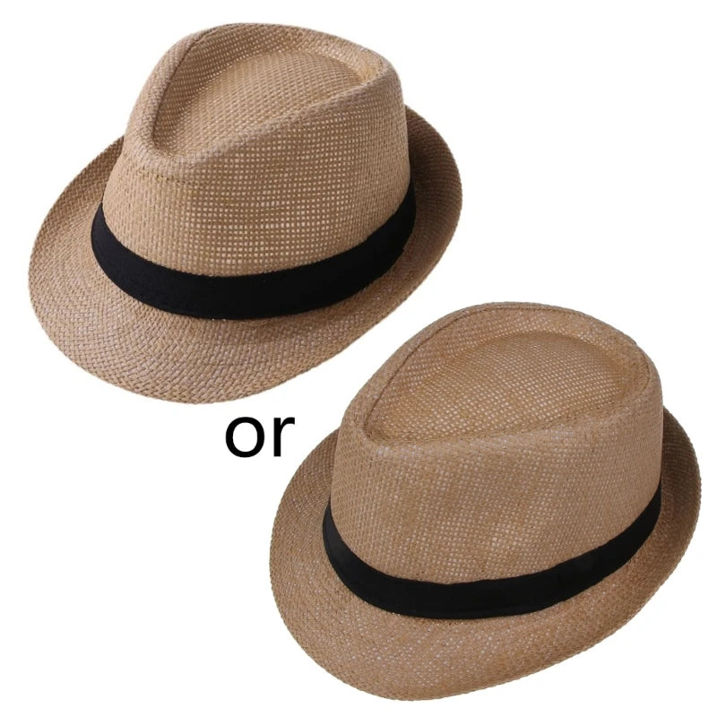 Children Kids Summer Beach Straw Hat Jazz Panama Trilby Fedora Hat Gangster Outdoor Breathable Hats Girls Boys Sunhat