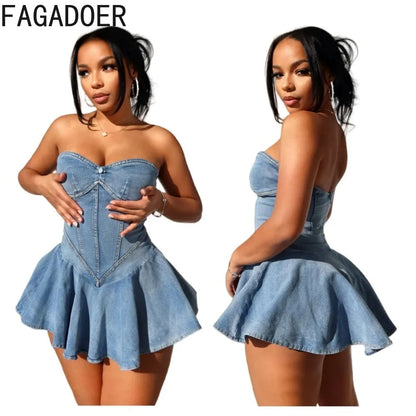 FAGADOER Y2K Straat Soet Plooi Denim Tube Mini Rok Vroue Hoë Kwaliteit Elastiese Mouwlose Ruglose Vestidos Mode Straatdrag 