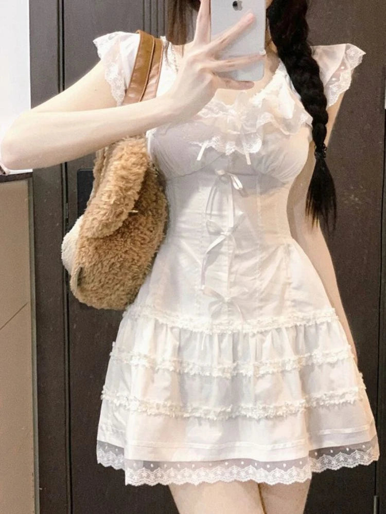 QWEEK Y2k Coquette White Lolita Sweet White Kwaii Cute Mini Dress Women Lace Bow Princess Slip Lace Short Dresses 2024 Fashion