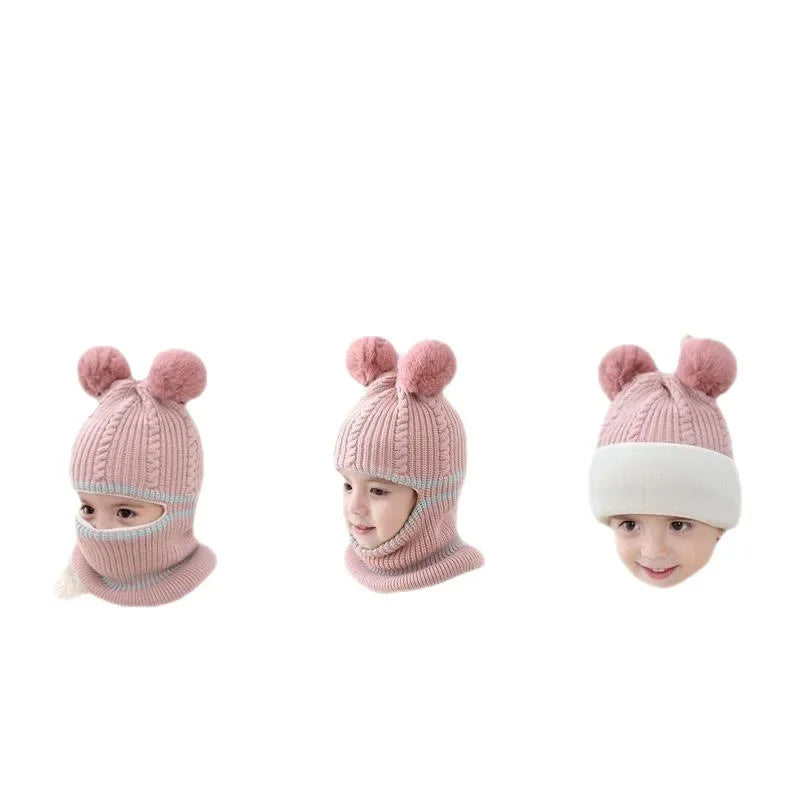 Beanies Baby Ring Hat Pompom Winter Children Hats Knitted Cute Cap for Baby Girls Boys Warm Fleece Lining Earflap Caps for Kids