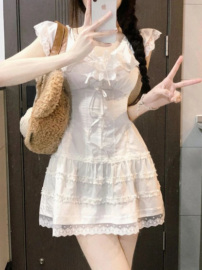 QWEEK Y2k Coquette White Lolita Sweet White Kwaii Cute Mini Dress Women Lace Bow Princess Slip Lace Short Dresses 2024 Fashion