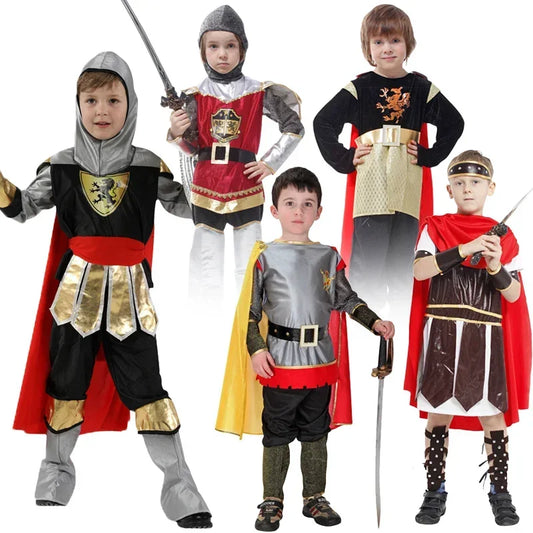 Kids Boys Royal Warrior Knight Costumes Soldier Children Medieval Roman Attached Cape Carnival Party No Weapon