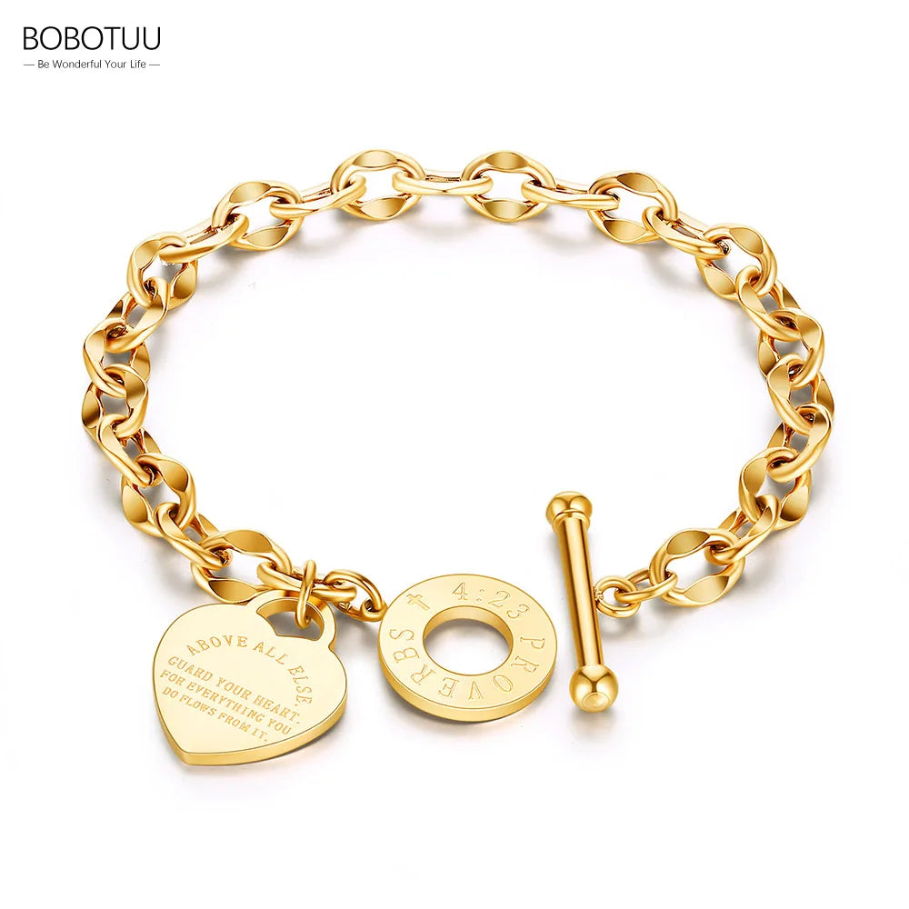 BOBOTUU Stainless Steel CZ Crystal Flower Plant Charm Bracelets For Women Girls Rose Gold Color Chain & Link Jewelry BB19114