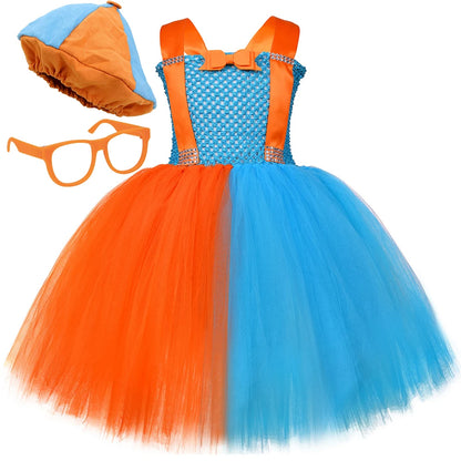 Baby Girls English Cartoons Blippi Dress Up Costumes for Kids Orange Skyblue Tutu Outfit with Hat Glasses Suspenders Clothes Set