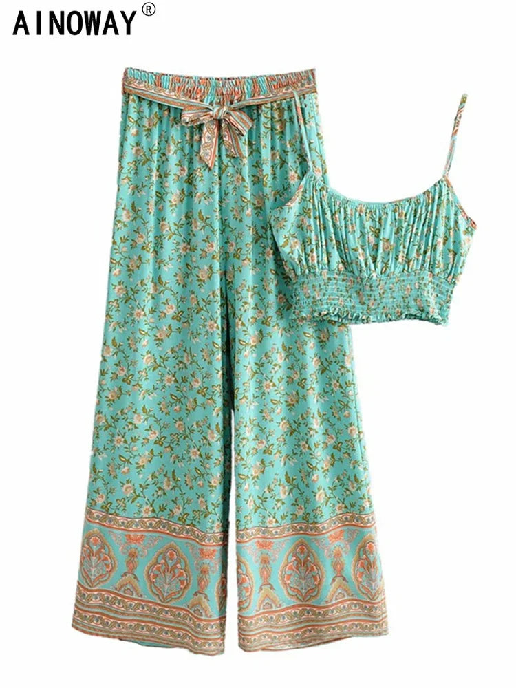 Vintage Chic  Women Floral Print Outfits Strap Sleeveless Tops Bohemian Suits Drawstring Pants 2 Pieces Rayon Cotton Boho Sets