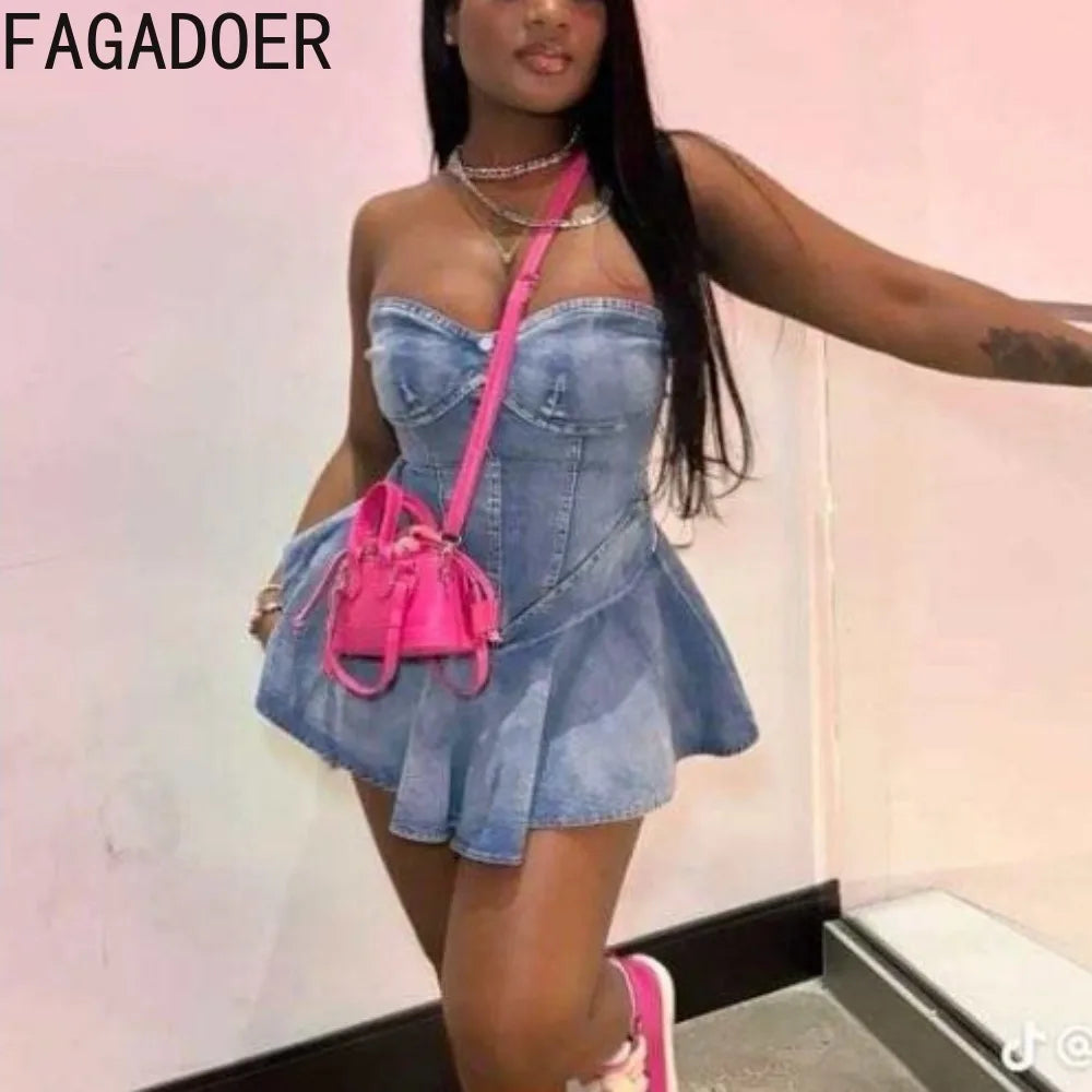 FAGADOER Y2K Straat Soet Plooi Denim Tube Mini Rok Vroue Hoë Kwaliteit Elastiese Mouwlose Ruglose Vestidos Mode Straatdrag 